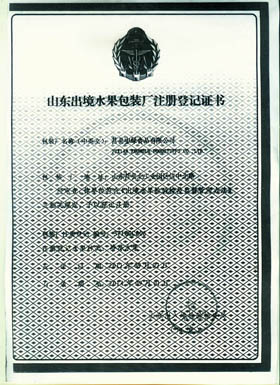 山東出境水果包裝廠(chǎng)注冊(cè)登記證書(shū)
